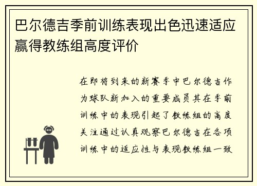 巴尔德吉季前训练表现出色迅速适应赢得教练组高度评价