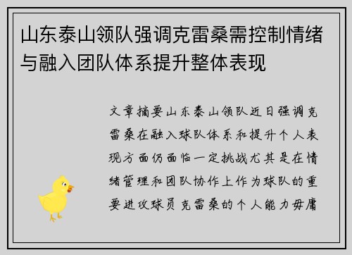 山东泰山领队强调克雷桑需控制情绪与融入团队体系提升整体表现