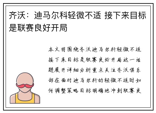齐沃：迪马尔科轻微不适 接下来目标是联赛良好开局